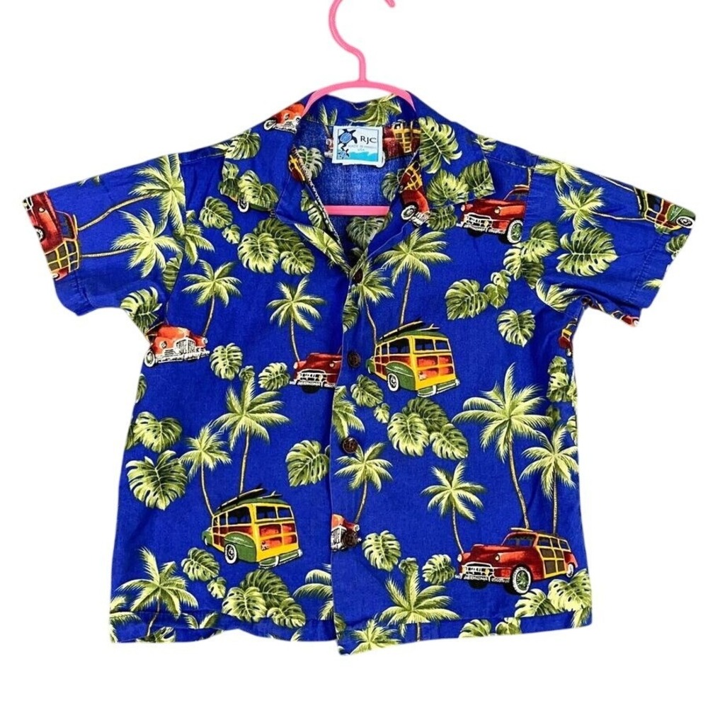 RJC Hawaiian Shirt Boys 5 Blue Made‎ in Hawaiia USA Camp Woody Vintage